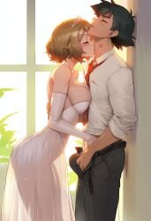 1boy 1girls ai_generated aksn amourshipping ash_ketchum big_dick boner breasts bride dress erection female interracial japanese_male_white_female kiss_mark kissing_neck large_breasts male married nude_underneath penis pokemon pokemon_xy satoshi_(pokemon) serena_(pokemon) tiara wedding_dress white_dress