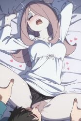 ai_generated closed_eyes cunnilingus female_orgasm female_pubic_hair gripping_sheets hairy_pussy laying_on_bed lingerie_panties little_witch_academia panties panties_aside sucy_manbavaran