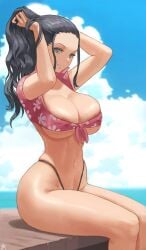 1girls areola_slip areolae arms_up artist_signature barely_contained big_breasts black_hair black_panties blue_eyes blue_sky breasts crop_top daytime edit eyelashes feet_out_of_frame female female_focus female_only front-tie_top hi_res highleg_panties hips huge_breasts large_areolae large_breasts light-skinned_female light_skin long_hair nico_robin one_piece outdoors panties partially_clothed partially_nude pink_topwear revealing_clothes shiny shiny_skin signature sitting slim_waist smile solo solo_female solo_focus tagme thick_thighs thighs thin_waist thong tight tight_clothing tight_fit topwear tying_hair underboob underwear upscaled wide_hips zefra_bleu