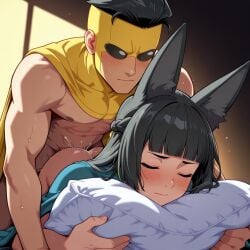 ai_generated ass black_hair closed_eyes closed_mouth fox_ears fox_girl hoshimi_miyabi hoyoverse invincible kitsune mark_grayson multiverse muscular_male on_bed on_stomach perfect_body sex sex_from_behind sinister_mark_(invincible) vaginal_penetration yellow_cape yellow_mask zenless_zone_zero