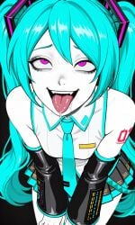 1girls 2025 ahe_gao ahegao_face ai_generated bare_shoulders black_background blue_eyes blue_skirt blue_tie fortnite hatsune_miku hatsune_miku_(fortnite) pink_eyes saliva tagme tongue tongue_out twintails vampiregurl vocaloid