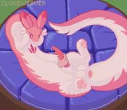 animal_genitalia animated anthro anus attached_sheath big_tail blush bodily_fluids breath chillet closed_eyes cloudweaver_(artist) cum cum_on_face cum_on_own_face cum_on_self feral fur genital_fluids genitals hand_on_face handjob lying male male_only on_back orgasm pal_(species) palworld panting paws penile penis pink_body pink_eyes pink_fur pocketpair sheath solo solo_focus tail unusual_anatomy unusual_genitalia unusual_penis vein veiny_penis
