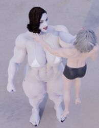 1boy 1girls 3d 3d_(artwork) alcina_dimitrescu beach big_breasts bikini black_nails breasts buff capcom chocking female grabbing lipstick male muscles muscular muscular_female resident_evil swimsuit tagme white_body white_skin xemnasxd