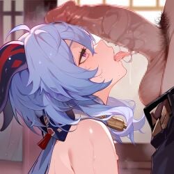 ai ai_art ai_assisted ai_generated bell blue_hair blush cock_worship dark-skinned_male dark_penis female ganyu_(genshin_impact) horns licking_penis light-skinned_female male saliva saliva_trail submissive_female xs_torns