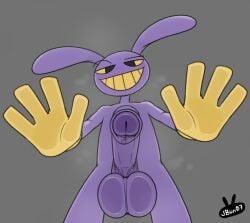 2025 against_screen against_surface anthro balls clothing eyebrows foreskin genitals glitch_productions gloves grey_background handwear humanoid_genitalia humanoid_penis jax_(tadc) jbun07 lagomorph leporid male mammal musk musk_clouds penis purple_body rabbit raised_eyebrow simple_background solo the_amazing_digital_circus