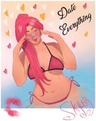 aviator_sunglasses bikini date_everything large_breasts lipstick_mark looking_at_viewer pink_hair pool r4stishk4 skylar_(date_everything) standing_in_water staring_at_viewer sticking_out_tongue string_bikini sunglasses water