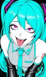 1girls 2025 ahe_gao ahegao_face ai_generated black_background blue_eyes blue_skirt blue_tie fortnite hatsune_miku hatsune_miku_(fortnite) pink_eyes saliva tagme tongue tongue_out twintails vampiregurl vocaloid