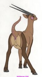 antelope anus ass black_hooves black_horn blue_eyes bovid brown_body brown_fur cervine cloven_hooves deer feral fur hi_res hooves horn hybrid male mammal perineum pink_anus solo vaeu_(species) whinn_doe whinndoe_(artist)