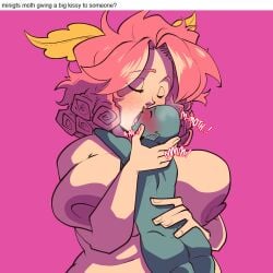 1boy 1futa big_breasts big_female breast_bigger_than_head chubby cleavage female futanari giantess huge_breasts intersex kissing larger_breasts larger_futa moth_ears moth_maid moth_maid_(character) naked_female nipples nipples_outside pink_hair red_lips red_lipstick seductive_eyes smaller_male tagme teal_eyes tongue_kiss wholesome