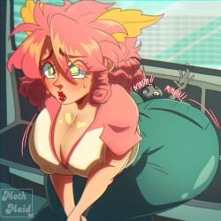 1boy 1futa anon big_breasts big_female breast_bigger_than_head chubby cleavage crushed female futanari giantess huge_breasts intersex larger_breasts larger_futa male moth_ears moth_maid moth_maid_(character) naked_female nipples nipples_outside pink_hair red_lips red_lipstick seductive_eyes sitting_on_person tagme teal_eyes trapped