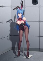 absurdres animal_ears arms_behind_back blue_eyes blue_hair bondage bow bowtie breast_bondage breasts cleavage clenched_teeth cuffs detached_collar fake_animal_ears female high_heels highres large_breasts long_hair looking_at_viewer object_insertion one_bar_prison original playboy_bunny rabbit_ears red_bow red_bowtie restrained shackles shibari_over_clothes solo standing super_hellrat teeth vaginal_object_insertion vaginal_penetration very_long_hair