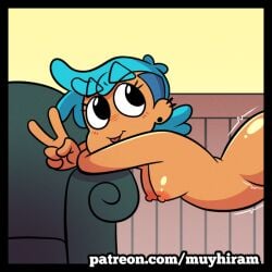 :p arched_back arm_support arm_under_head ass_up black_eyes blue_hair blush_lines breasts breasts_downward breasts_out bridge_position butt_up couch demon_and_mess ear_piercing ear_ring earrings fani_(muyhiram) female_only lying_on_stomach mullet muyhiram naked nipples pose room shaking shaking_ass shaking_butt shiny_ass shiny_breasts shiny_skin smile smiling tongue tongue_out v_sign