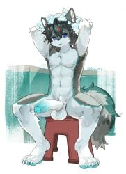 absurd_res anthro athletic bathroom black_hair bodily_fluids bubble canid canine canis foreskin furniture genital_fluids genitals hair half-erect hands_behind_head hi_res humanoid_genitalia humanoid_penis kemono male mammal nude on_stool partially_retracted_foreskin pawpads penis precum purple_eyes retracted_foreskin robyle1 signature sitting solo stool uncircumcised wet wet_body wolf