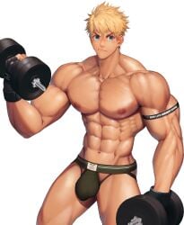 1boy abs armband armpits bara barbell beefy big_areola big_breasts big_bulge blonde_hair blue_eyes blush breasts broad_shoulders bulge bulge_through_clothing censor_bar censored censored_penis collarbone earrings eyebrows_visible_through_hair fingerless_gloves flaccid frown gay gloves hi_res huge_breasts hunk jockstrap looking_at_viewer male male_breasts male_only manly mature_male meisho_hanten muscles muscular muscular_arms muscular_male navel oppai original original_character pecs pointless_censoring pubic_hair short_hair six_pack slim_waist solo standing thick_arms thick_neck topless tough_guy triceps underwear_only very_high_resolution weightlifting white_background wide_eyed yaoi