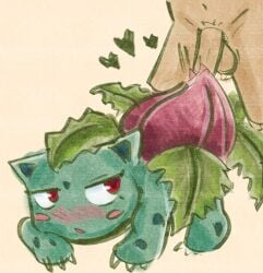 2025 4chan_anon ambiguous_gender balls blue_body blue_markings blush blush_lines blush_stickers bulb claws colored digital_media_(artwork) duo feral generation_1_pokemon genitals head_on_hand heart_symbol hi_res human interspecies ivysaur leaf looking_at_another lying male male/ambiguous mammal markings nintendo on_front open_mouth penetration penis pokemon pokemon_(species) pokephilia quadruped red_eyes sex unknown_artist