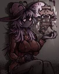 2d 2d_(artwork) black_body breasts clothed deepwoken female female_focus ganymede_(deepwoken) petite purple_hair roblox roblox_game safe sfw solo tagme witch_hat