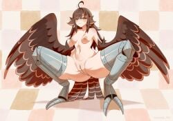 absurdres ahoge animal_ears anus bird_ears bird_legs breasts brown_feathers brown_hair brown_wings commentary digitigrade feathered_wings feathers female harpy highres leg_armor long_hair monster_girl navel nipples nude original pussy small_breasts solo squatting talons uncensored unreal_fish winged_arms wings