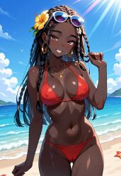 1girls 2025 african african_female ai_generated beach bikini black_girl black_hair blush braided braided_hair braids breasts cameltoe carnivalecloudmuncher cornrows dark-skinned_female dark_brown_eyes dark_skin female flower flower_in_hair grin hoop_earrings long_braid long_hair navel nipple_bulge red_bikini sand seductive self_upload smile solo starfish sunglasses sunglasses_on_head sunlight swimsuit swimwear tagme walking water
