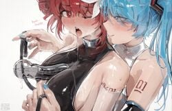 2girls alterkyon bare_shoulders black_leotard blue_eyes blue_hair blush breasts detached_sleeves dildo_gag drill_hair female gag hatsune_miku highres kasane_teto large_breasts leotard looking_at_another multiple_girls one_eye_closed open_mouth red_eyes red_hair saliva saliva_trail skindentation smile teeth turtleneck turtleneck_leotard twin_drills twintails ungagged upper_teeth_only vocaloid white_background white_leotard yuri