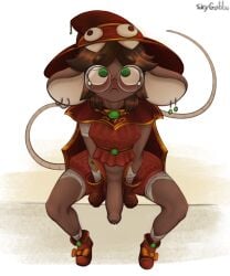 1boy bandage blush clothed cute cute_face dark_hair dark_skin embarrassed femboy glasses green_eyes humanoid jewelry looking_at_viewer mage male mouse_boy mouse_ears mouse_tail sitting skygobbo solo tearing_up tears thin wardrobe_malfunction wizard_hat