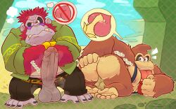 2boys angry anthro ape ass balls big_balls big_penis body_hair brown_body brown_fur butt butt_hair donkey_kong donkey_kong_(character) donkey_kong_(dkbananza) donkey_kong_(series) donkey_kong_bananza donkey_kong_in_overalls duo erect_penis erection facial_hair genitals gorilla grumpy_kong hairy haplorhine haxsmack hi_res humanoid male male/male male_only mammal nintendo presenting presenting_hindquarters primate red_body red_fur speech_bubble testicles tongue tongue_out vein veins veins_on_dick