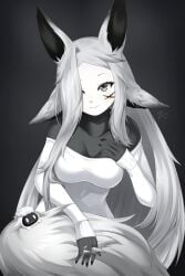 animal_ears artist_name black_background blush breasts dya_rikku_(vtuber) female hair_over_one_eye hand_on_own_chest large_breasts long_hair looking_at_viewer signature smile solo tail very_long_hair vyugen