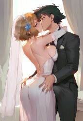 ai_generated aksn breasts bridal_veil grabbing_ass kissing large_breasts married pokemon pokemon_xy satoshi_(pokemon) serena_(pokemon) suit tiara wedding_dress