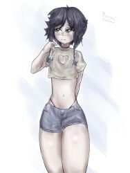 1boy big_thighs blush collar crossdressing cute_male eyelashes femboy genshin_impact panties penis_bulge shorts simple_background topwear venti_(genshin_impact)