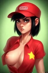 1girls ai ai_generated arm_behind_back beautiful_female black_eyebrows black_hair breasts breasts_out brown_eyes cap command_and_conquer cosplay crossover crossover_cosplay diddy_kong_(cosplay) diddy_kong_racing donkey_kong_(series) donkey_kong_country electronic_arts female female_focus female_only green_background looking_at_viewer natasha_volkova nintendo nintendo_logo nipples quinzo11 red_alert_(video_games) red_alert_3 red_cap red_shirt self_upload serious serious_face serious_look shirt short_hair star