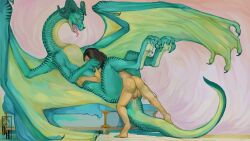 16:9 cassula_ovrata claws diorionarh dragon duo female feral green_body green_claws green_horn green_nose_horn green_scales hi_res horn human larger_penetrated male male/female mammal membrane_(anatomy) membranous_wings mythological_creature mythological_scalie mythology penetration pink_tongue scales scalie size_difference teeth tongue tongue_out vaginal_penetration vaginal_penetration widescreen wings