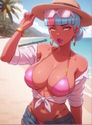 1girls ai_generated big bikini breasts dark-skinned_female dark_skin denim_shorts league_of_legends league_of_legends:_wild_rift qiyana_yunalai sergunyaa23 tagme