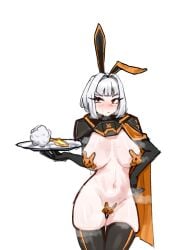1girls big_breasts blush bunny_ears bunny_tail buttplug cat___nip library_of_ruina lobotomy_corporation looking_at_viewer myo_(lobotomy_corporation) pasties presenting red_eyes reverse_bunnysuit short_hair solo standing sweat thick_thighs white_hair