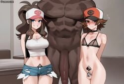 1girls 2boys ai_generated blue_eyes blush blush brown_eyes brown_hair cage caged caged_cock caged_dick caged_penis cap chastity_cage choker dark-skinned_male dark_penis dark_skin ezzezezz female femboy feminine_male hilda_(pokemon) light-skinned_female light-skinned_male light_skin male muscular muscular_male nintendo pokemon qos qos_tattoo queen_of_spades queen_of_spades_symbol queen_of_spades_tattoo satoshi_(pokemon) smile smiling smiling_at_viewer