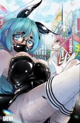 big_ass big_breasts big_butt big_titties blue_hair bunny_ears bunny_girl bunny_girl_suit bunnysuit clothing curvaceous curvaceous_female curvaceous_figure curvy curvy_figure curvy_hips devi_land female female_focus female_only glasses looking_at_viewer original original_character short_hair thigh_highs