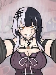 black_hair clothed crying_laughing crying_with_eyes_open diddlesdoodles goth gothic hololive hololive_advent hololive_english makeup makeup_running shiori_novella smile vtuber white_hair yellow_eyes