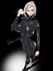 1girls 2018 big_breasts black_background bodysuit boots breasts color colored curvaceous curvaceous_body curvaceous_female curvaceous_figure curvy curvy_body curvy_female curvy_figure federico_bianco female flashlight glasses hourglass_figure huge_breasts large_breasts latex latex_bodysuit latex_clothing latex_suit light-skinned_female light_skin massive_breasts pinup prison_school seductive seductive_look shiny shiny_breasts shiny_clothes shiny_skin shiraki_meiko skin_tight thick thick_breasts thick_thighs tight_clothes tight_clothing voluptuous voluptuous_female waist white_hair