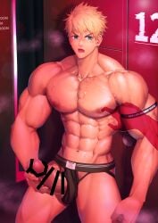 1ambiguous 1boy abs armband armpits bara beefy big_areola big_breasts big_bulge big_penis blonde_hair blue_eyes blush breasts broad_shoulders bulge bulge_through_clothing censor_bar censored censored_penis collarbone duo earrings erection eyebrows_visible_through_hair foreshortening foreskin foreskin_folds frown gay hi_res holding_penis huge_breasts huge_cock hunk indoors jerking jockstrap looking_at_viewer male male_breasts male_only manly masturbation mature_male meisho_hanten muscles muscular muscular_arms muscular_male navel oppai original original_character pecs penis penis_out pink_light pointless_censoring practically_nude precum precum_drip pubic_hair retracted_foreskin short_hair six_pack slim_waist standing steam steaming_body sweat sweatdrop sweating sweaty thick_arms thick_neck thick_penis topless touching_nipples tough_guy triceps uncircumcised uncut underwear_aside underwear_only veiny_arms veiny_penis very_high_resolution very_sweaty wanking wide_eyed yaoi
