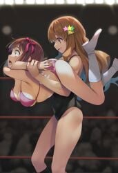 catfight cute haruka_amami idolmaster_cinderella_girls lifting moroboshi_kirari pink_bikini wrestling yuri yuri