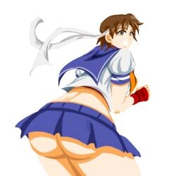 1girls ass ass_focus big_ass bottomless bottomless_skirt breasts brown_eyes brown_hair capcom female female_focus female_only from_behind gloves headband huge_ass looking_at_viewer looking_back miniskirt sakura_kasugano school_uniform schoolgirl short_hair skirt smile solo solo_female solo_focus street_fighter thick thick_ass thick_thighs tomboy yex