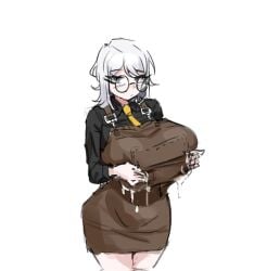 1girls apron blue_eyes breasts busty cat___nip faust_(limbus_company) female female_only gigantic_breasts glasses huge_breasts lactation lactation lactation_through_clothes lactation_without_expressing leaking_milk light-skinned_female light_skin limbus_company project_moon round_glasses short_hair solo white_hair