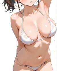 2025 ai_generated belly brown_hair_female instagram looking_at_viewer meta red_cheeks teeth_showing ten01c tummy unknown_character wet_bikini wet_body wet_skin white_background white_bikini