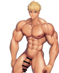 1boy abs armpits balls bara beefy big_areola big_breasts big_penis blonde_hair blue_eyes blush breasts broad_shoulders collarbone completely_nude earrings eyebrows_visible_through_hair frown gay half-erect happy_trail hi_res huge_breasts huge_cock hunk looking_at_viewer male male_breasts male_only manly mature_male meisho_hanten muscles muscular muscular_arms muscular_male navel oppai original original_character pecs penis pubic_hair retracted_foreskin short_hair six_pack slim_waist solo standing thick_arms thick_neck thick_penis tough_guy triceps uncircumcised uncut veiny_arms veiny_penis very_high_resolution white_background wide_eyed yaoi