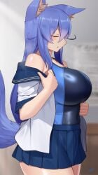 1girls animal_ears animal_girl big_breasts big_breasts blush blush breasts breasts female female_focus female_only light-skinned_female light_blush light_skin side_view sigh sighing skirt solo solo_female solo_focus srvbrs swimsuit swimwear tail undressing