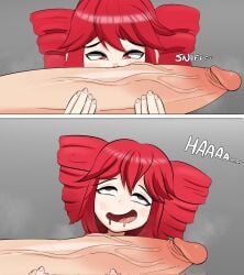 1boy 1girls 2d 2d_(artwork) ahe_gao drool drooling female holding_penis horny horny_female huge_cock kasane_teto long_penis male meme musk musk_clouds open_mouth panels penis red_eyes red_hair reference rumi_sniffing_gimbap sniffing sniffing_penis sound_effects steam straight telosynth twin_drills twintails utau veiny_penis