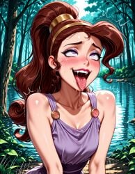 ahe_gao ai_generated bare_arms bare_shoulders blush breasts brown_hair cleavage clothing collarbone day disney disney_princess dress drooling eyeshadow female female forest greek_mythology hairband hercules_(disney) implied_sex jousneystudio lake long_hair makeup medium_breasts megara nature naughty_face open_mouth oral_invitation outdoors ponytail purple_dress purple_eyes red_lips rolling_eyes saliva shiny_skin sleeveless sleeveless_dress smile solo sweat teeth tongue tongue_out tree trembling upper_body upper_teeth_only water