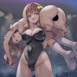 blush catfight cute embarrassed haruka_amami idolmaster_cinderella_girls lifting_person moroboshi_kirari pink_bikini showing_ass wrestling yuri yuri