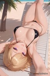 2025 ai_generated armpits arms_up bangs bare_shoulders beach beach_chair bikini black_bikini blonde_hair blush breasts breasts_apart cha_hae_in collarbone day female female female_focus large_breasts lips looking_at_viewer lying navel nsfw ocean on_back outdoors palm_tree parted_lips purple_eyes rognezart sand shiny shiny_skin short_hair smile solo solo_leveling stomach swimsuit thigh_gap thighs tree
