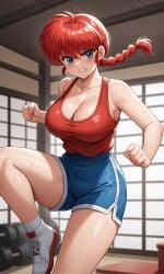 1girls ai_generated angry blue_eyes blue_shorts braid breasts cleavage clothed curvy dojo female female_only fighting_stance fist her_brother_drives_a_subaru huge_breasts indoors ranma-chan ranma_1/2 ranma_saotome red_hair red_tank_top self_upload shorts sleeveless sneakers solo stable_diffusion standing_on_one_leg sweating sweaty tank_top thighs