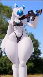 3d_(artwork) 9:16 anthro assault_rifle black_clothing black_panties black_shirt black_tank_top black_topwear black_underwear blue_eyes blue_sky blurred_background breasts chest_gem clothing day digital_media_(artwork) female forehead_gem gem glistening glistening_clothing gun hi_res holding_gun holding_object holding_ranged_weapon holding_weapon looking_at_viewer lunaris_(pal) medium_breasts mouthless nature nature_background no_mouth outside pal_(species) palworld panties pocketpair ranged_weapon rifle shirt sky solo tank_top thenicedragon thick_thighs topwear under_boob underwear watermark weapon white_body wide_hips