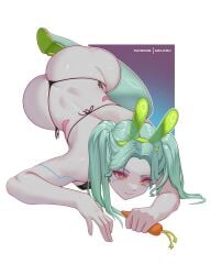 big_ass black_bikini boots bunny_ears carrot cyberpunk:_edgerunners green_hair hi_res high_quality high_resolution highres lying_on_stomach melowh rebecca_(edgerunners) red_eyes tattoo tattoos thick_thighs thighs